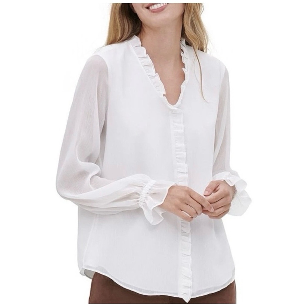 Tommy Hilfiger Sheer White Ruffle Blouse‎ Size L